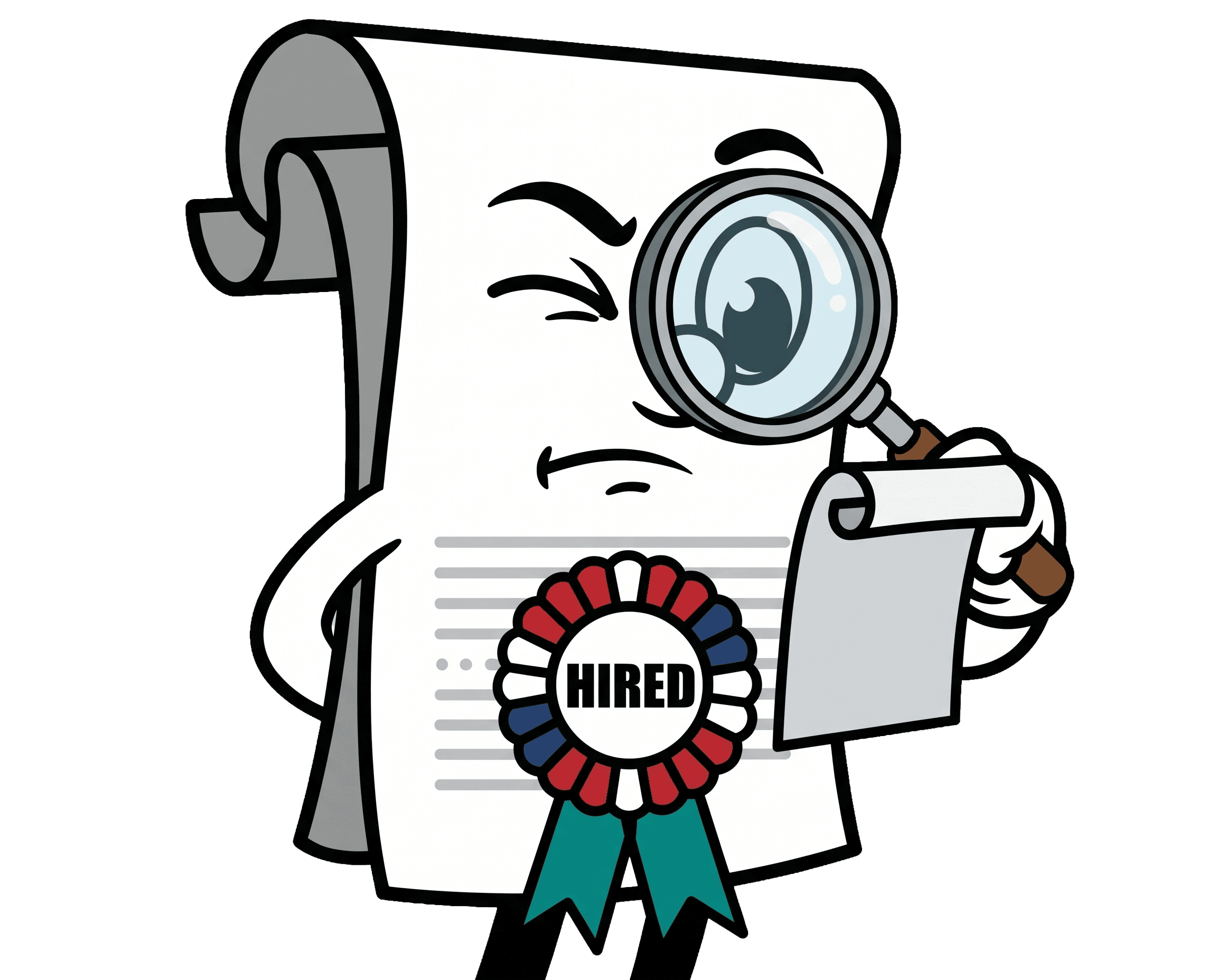Rex inspecting a résumé with a magnifying glass