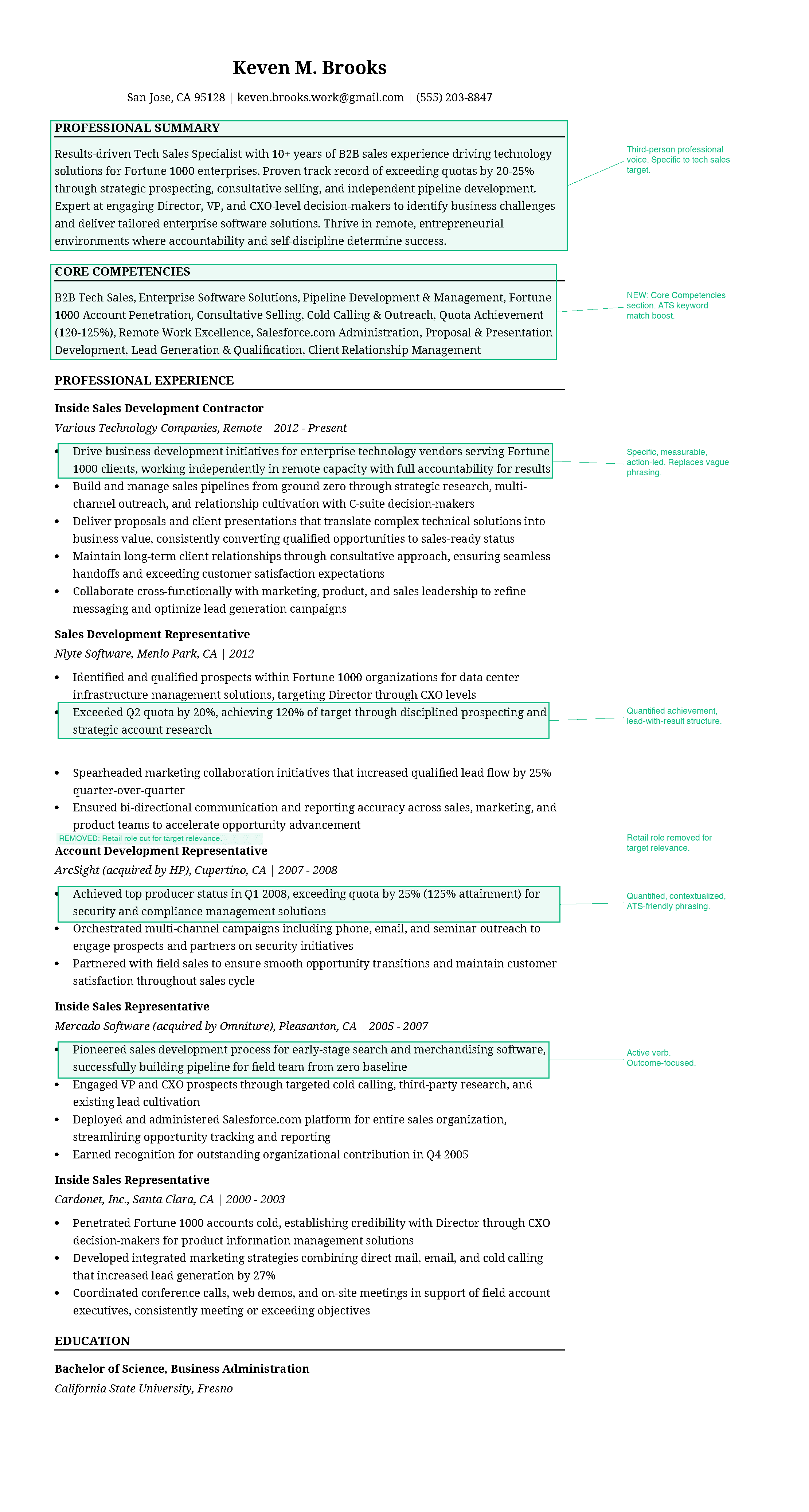 AFTER: Keven M. Brooks's optimized résumé with green callouts marking improvements for Tech Sales Specialist
