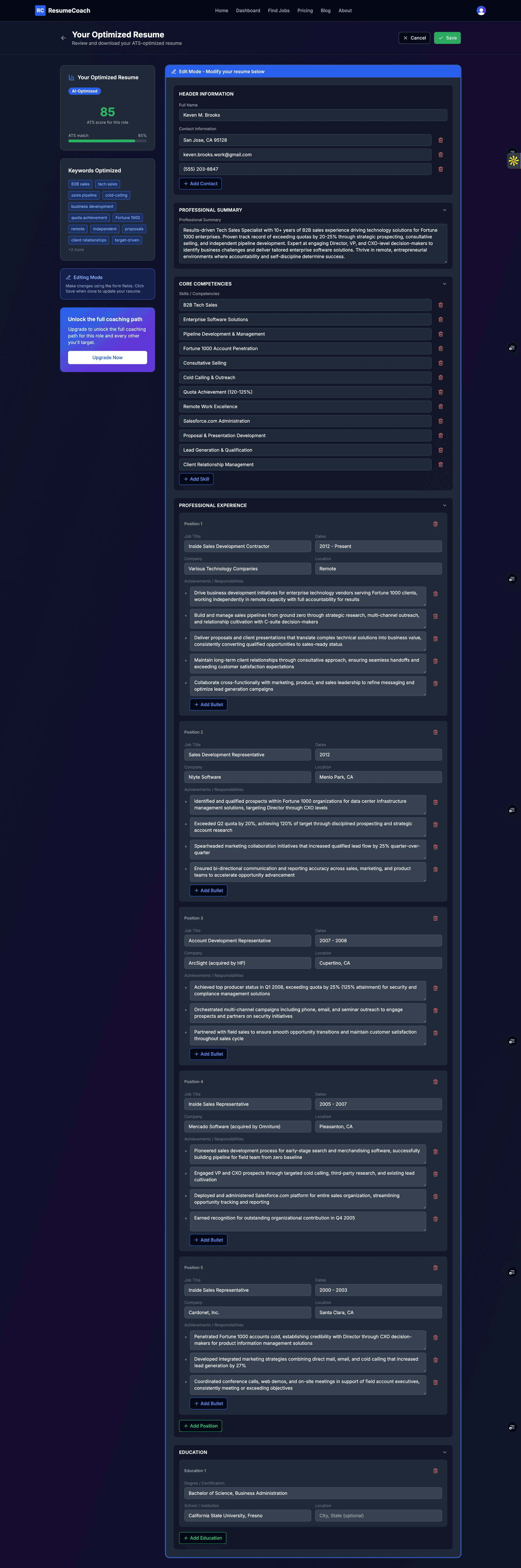 First fold of the RexResume editor showing header, summary, and experience sections
