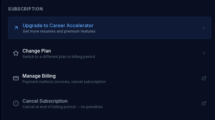 The in-product cancel button: Account → Billing shows a Cancel Subscription option — cancel at end of billing period, no penalties