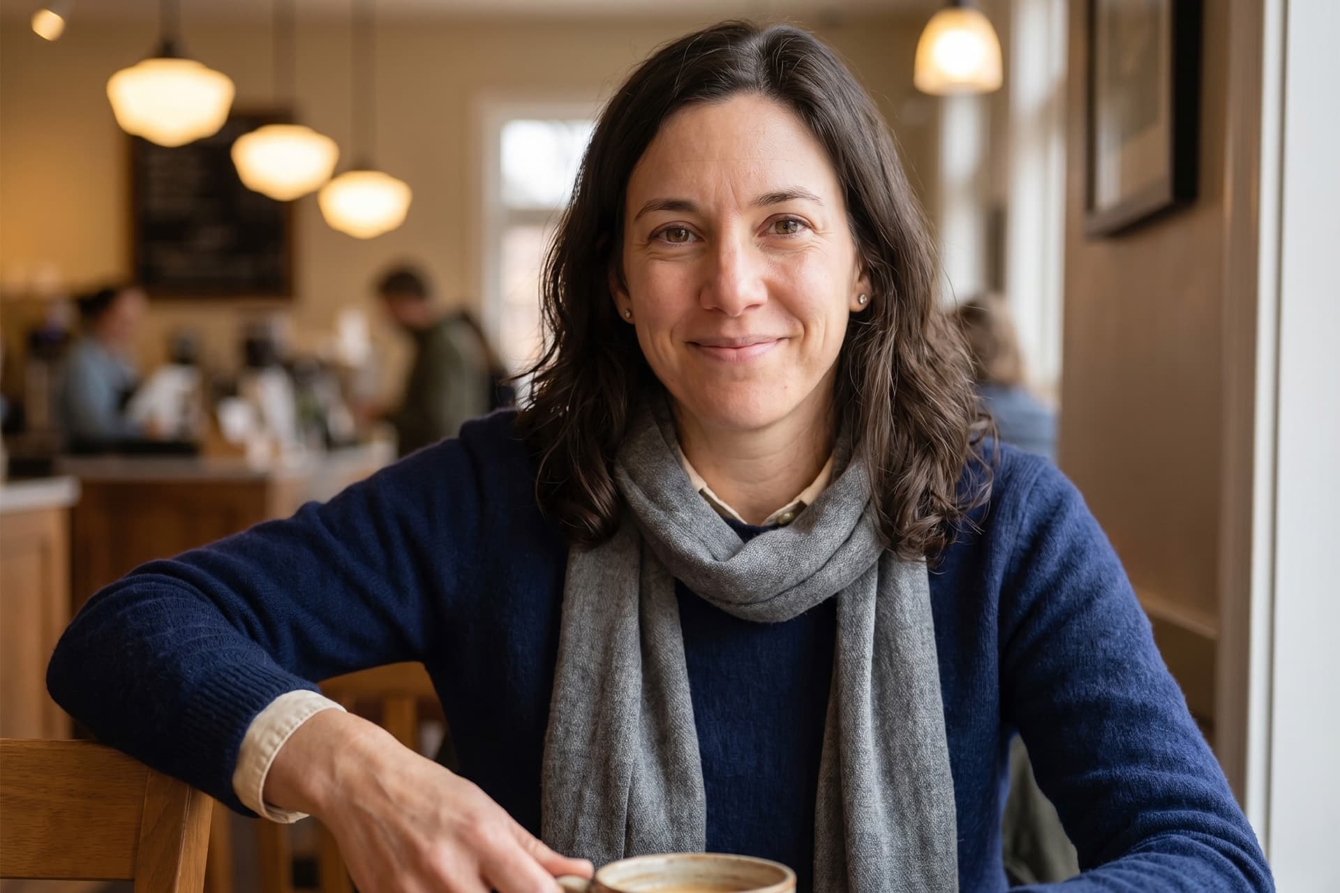 A mid-career professional working in a café